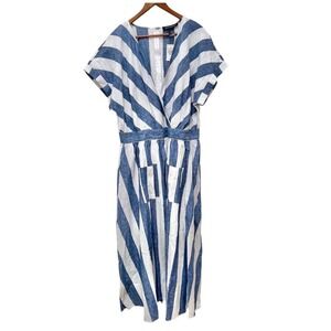 Ashley Stewart Linen Blend Striped Maxi Dress Blue White Size 18 NWT Pockets